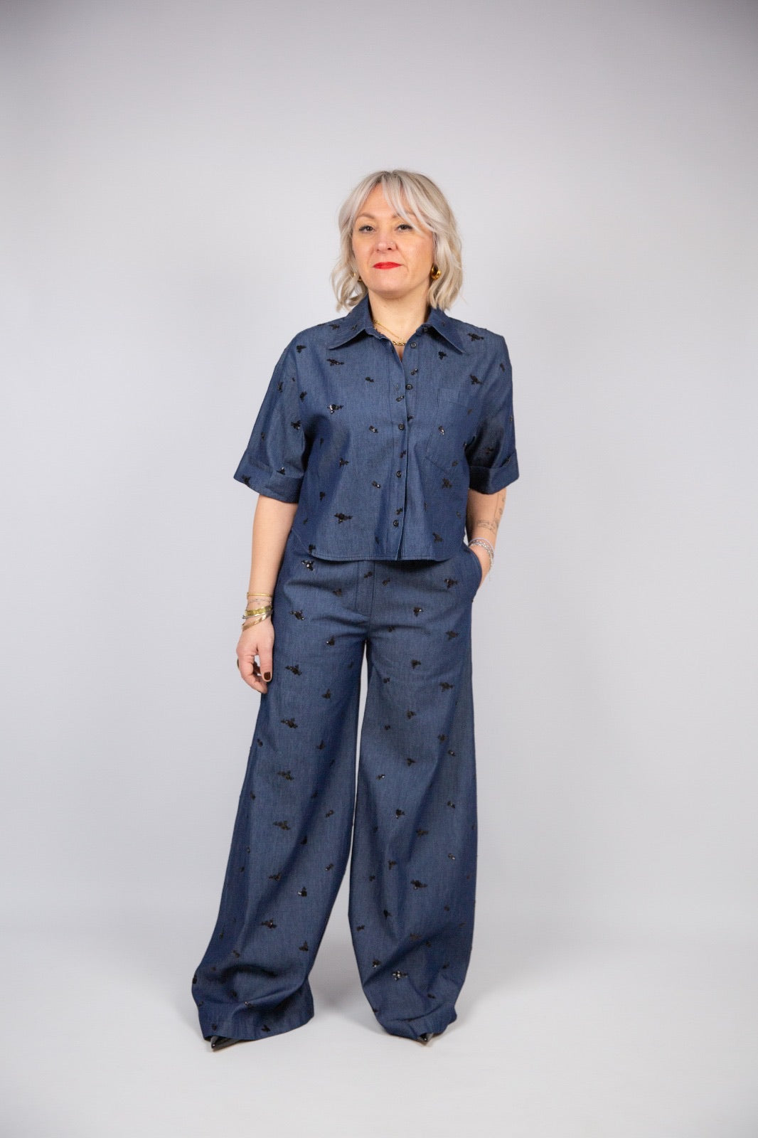 Kaos pantalone in Denim con ricami