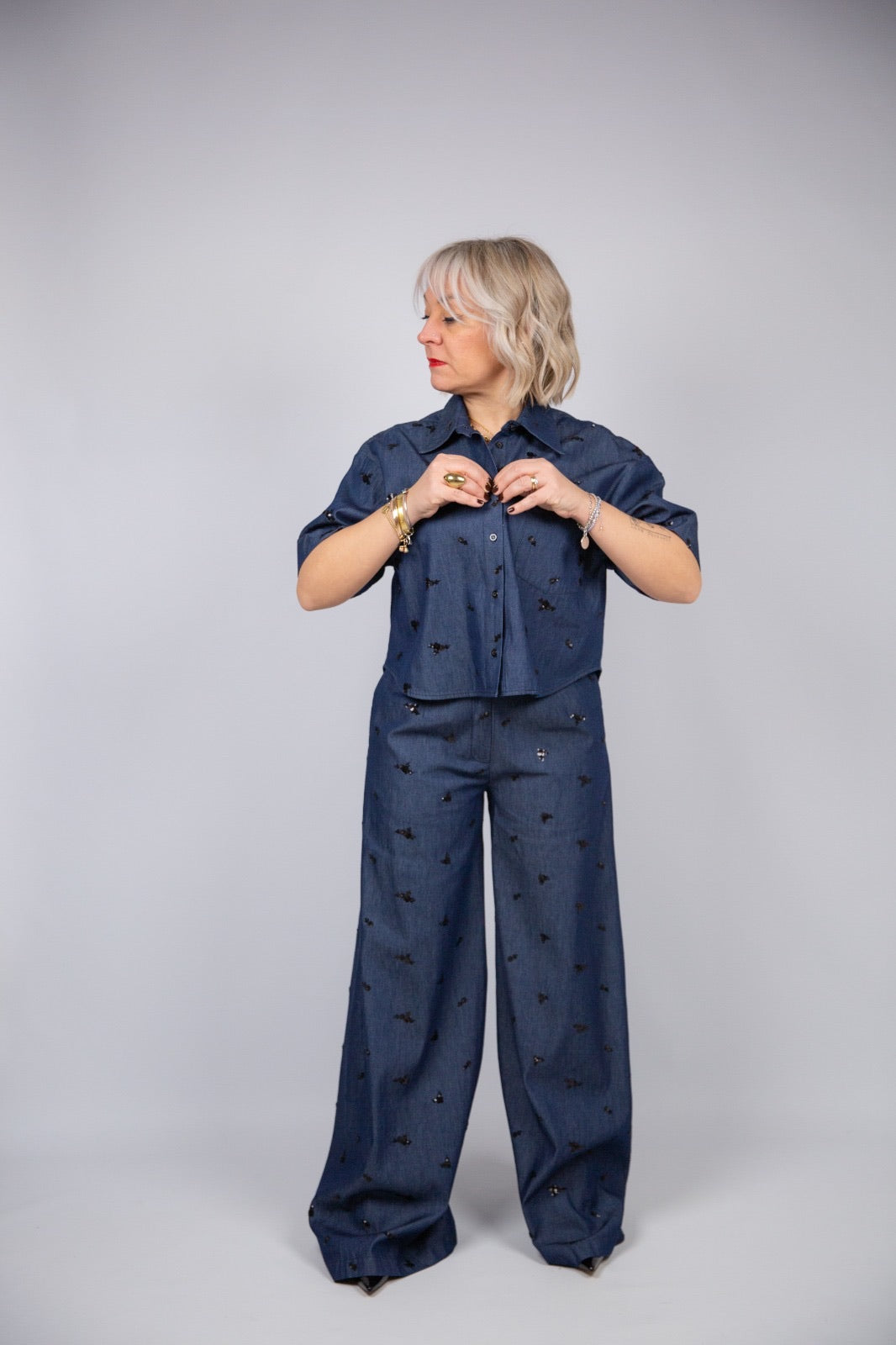 Kaos pantalone in Denim con ricami