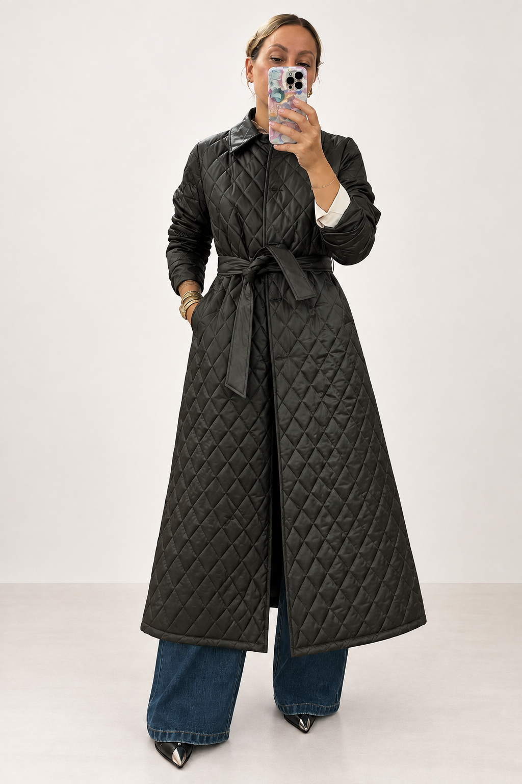 Motel diffusione moda trench trapuntato con cintura e collo in ecopelle intrecciata