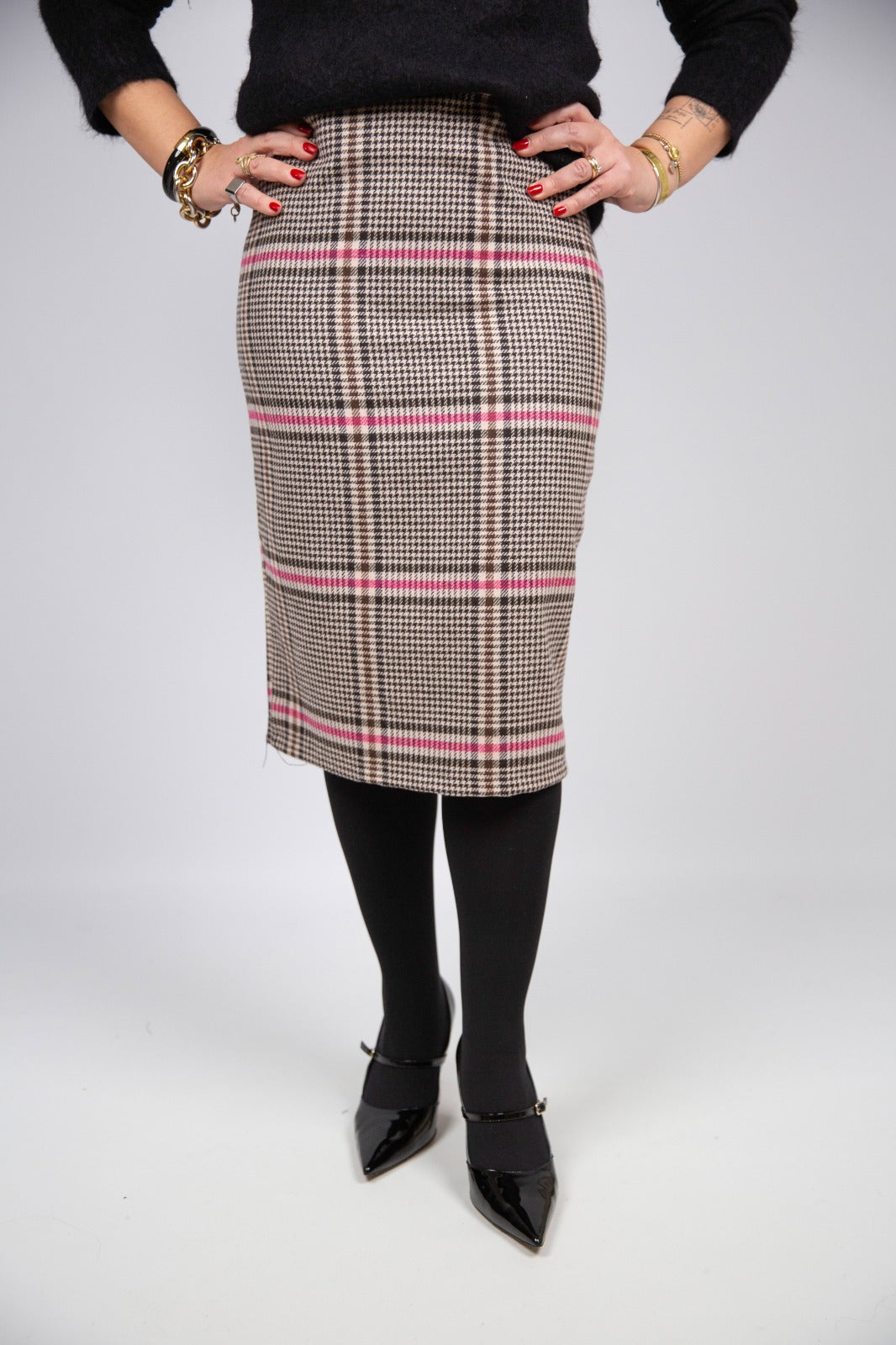 Tensione in gonna in check marrone e fucsia