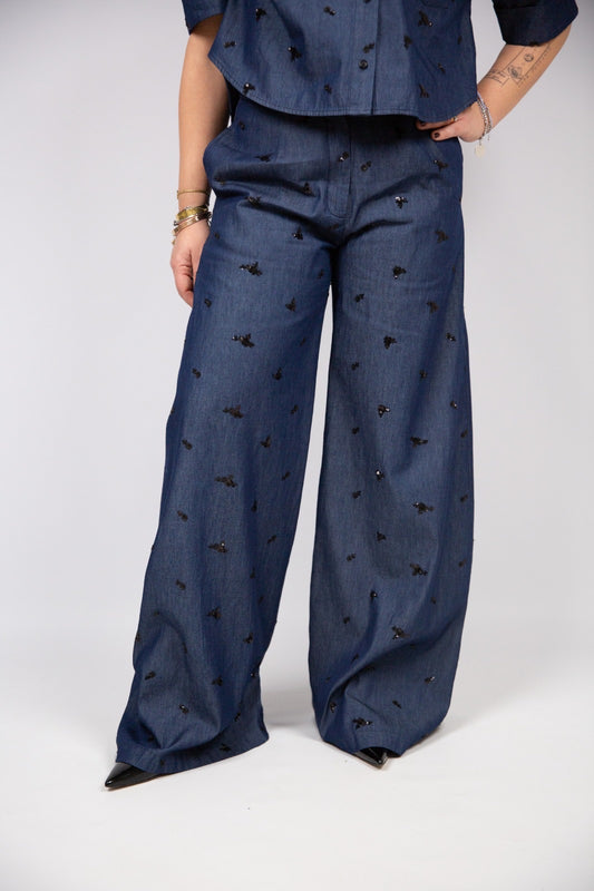 Kaos pantalone in Denim con ricami