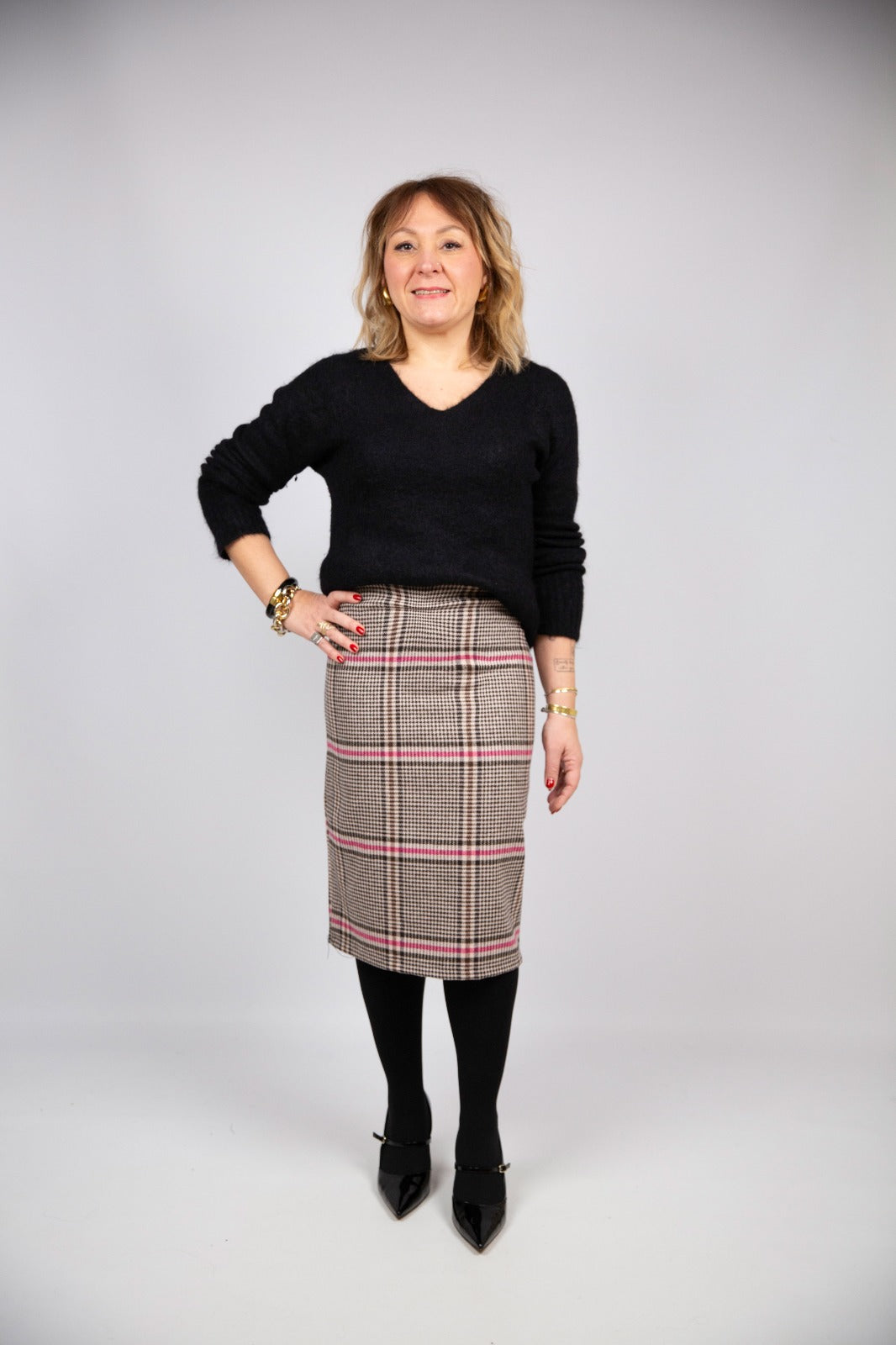 Tensione in gonna in check marrone e fucsia