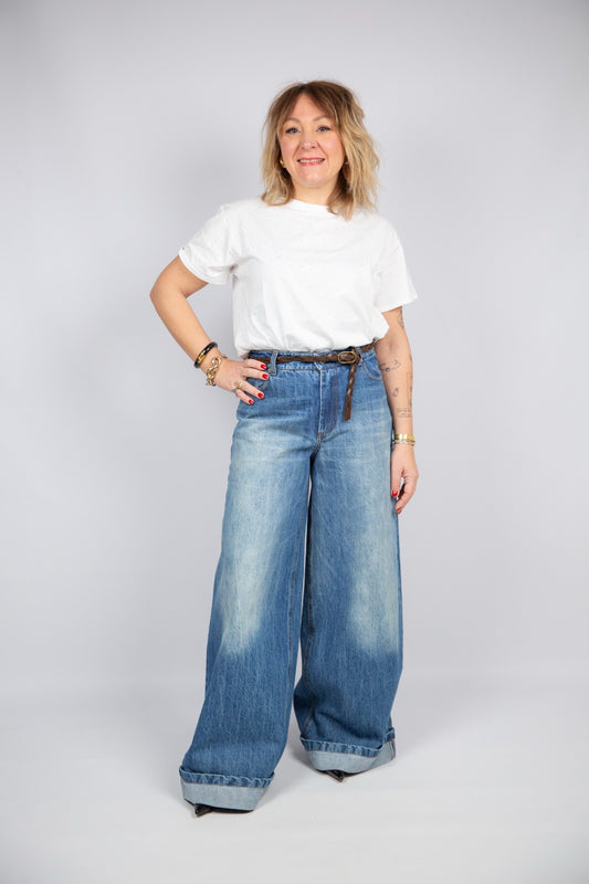 Motel diffusione moda jeans wide con risvolto e cintura