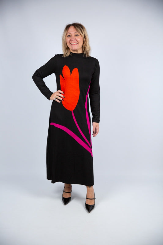 Compania fantastica vestito nero stampa big tulipano