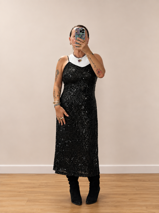 Wild pony Abito midi di paillettes nere con spallino sottile e spacco laterale