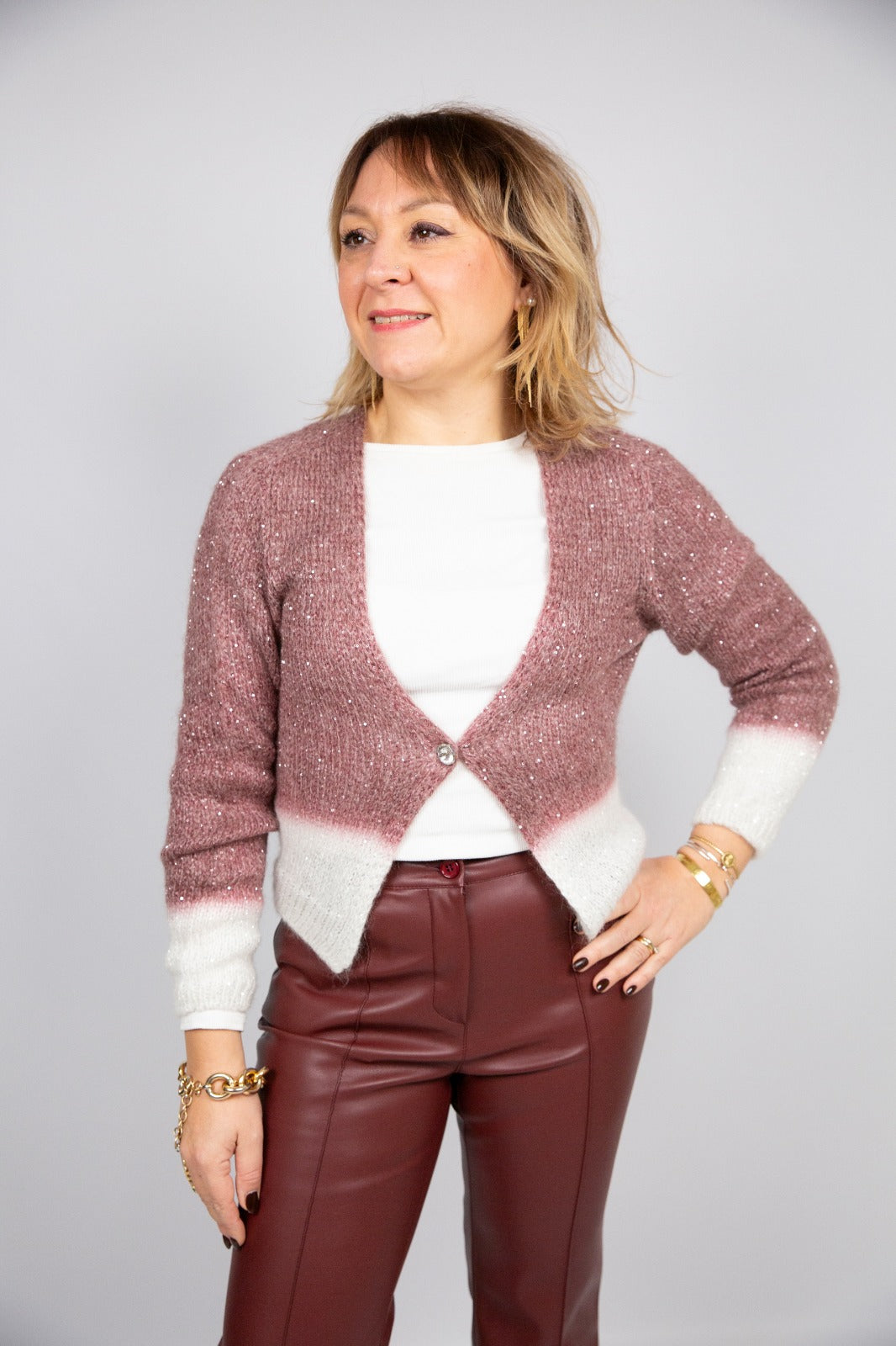 Kaos cardigan mini paillettes e bottone gioiello