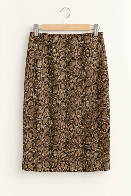 Gonna midi animalier in ecopelle marrone su gruccia, vista frontale